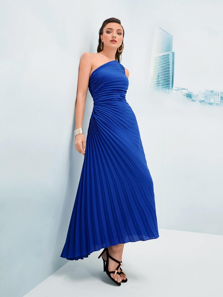 Modelyn Ruched Pleated One Shoulder Dress Maxi Women Outfit
