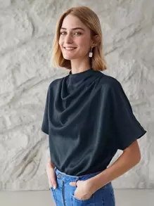 MOTF PREMIUM Áo sơ mi nữ Vắt màu trơn Thanh lịch - Màu xanh hải quân - Xem 4