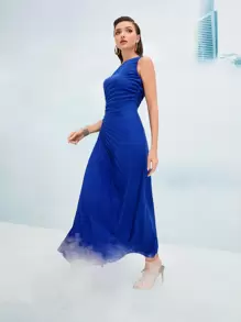Modelyn Vestido maxi fruncido y plisado con un solo hombro, vestido de noche largo para mujer - Azul - Ver 6