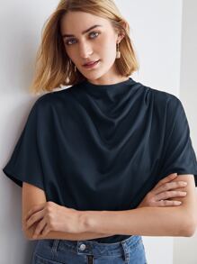 MOTF PREMIUM Áo sơ mi nữ Vắt màu trơn Thanh lịch - Màu xanh hải quân - Xem 7