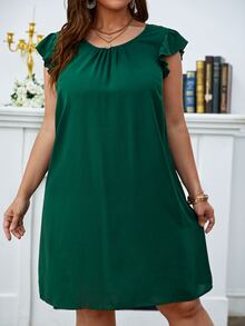 SHEIN LUNE 大碼拼接水溶蕾絲V型露背蝴蝶袖直筒洋裝 - 墨綠色 - 查看 3