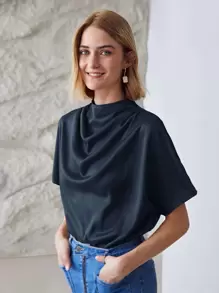 MOTF PREMIUM Áo sơ mi nữ Vắt màu trơn Thanh lịch - Màu xanh hải quân - Xem 8