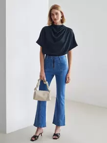 MOTF PREMIUM Áo sơ mi nữ Vắt màu trơn Thanh lịch - Màu xanh hải quân - Xem 9