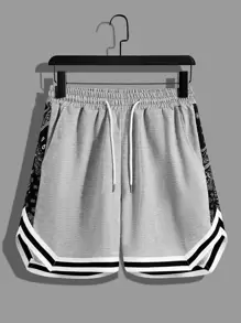 Manfinity Campus Court Aesthetic Post--Men Contrast Paisley Side Seam Drawstring Waist Shorts - Grey - View 1