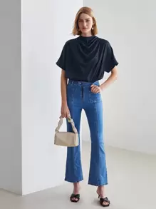 MOTF PREMIUM Áo sơ mi nữ Vắt màu trơn Thanh lịch - Màu xanh hải quân - Xem 10