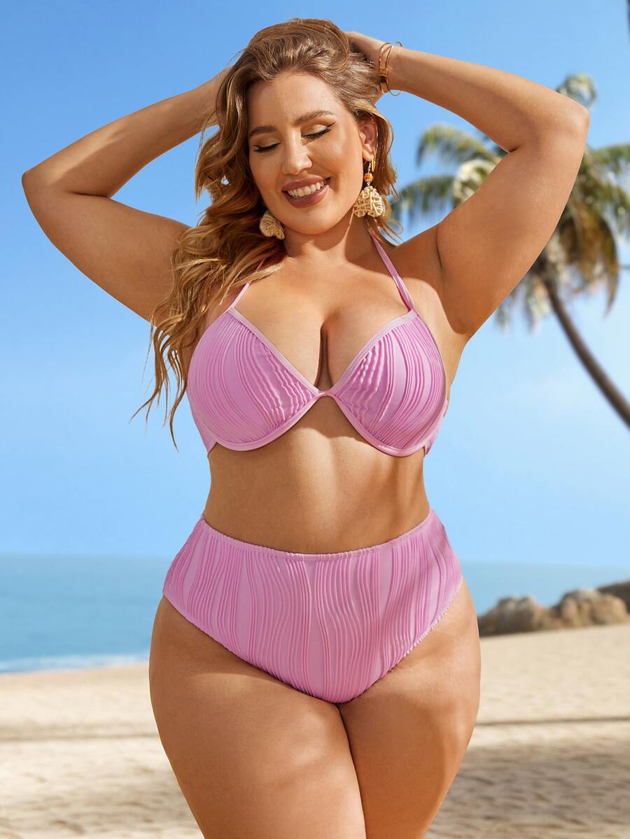 Plus Size Textured Halter Push Up High Waist Bikini Set Summer Beach - Pink - View 1