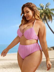 Plus Size Textured Halter Push Up High Waist Bikini Set Summer Beach - Pink - View 3