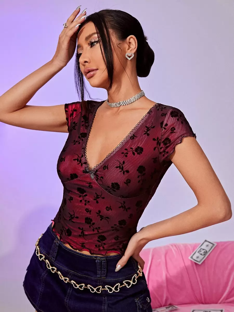 SHEIN ICON Áo thun 90s In hoa Nơ mặt trước Ren Mộc nhĩ Mùa vụ Lưới