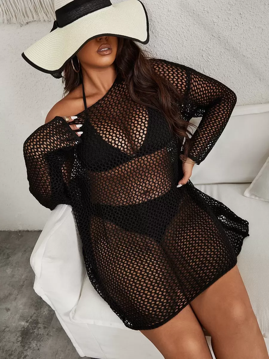SHEIN Swim Curve Summer Beach Plus Hollow Out Drop Shoulder Cover Up Without Bikini - Black - View 1