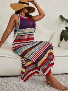 Plus Striped Split Thigh Cover Up Dress Without Bikini Top - Multicolor - View 3