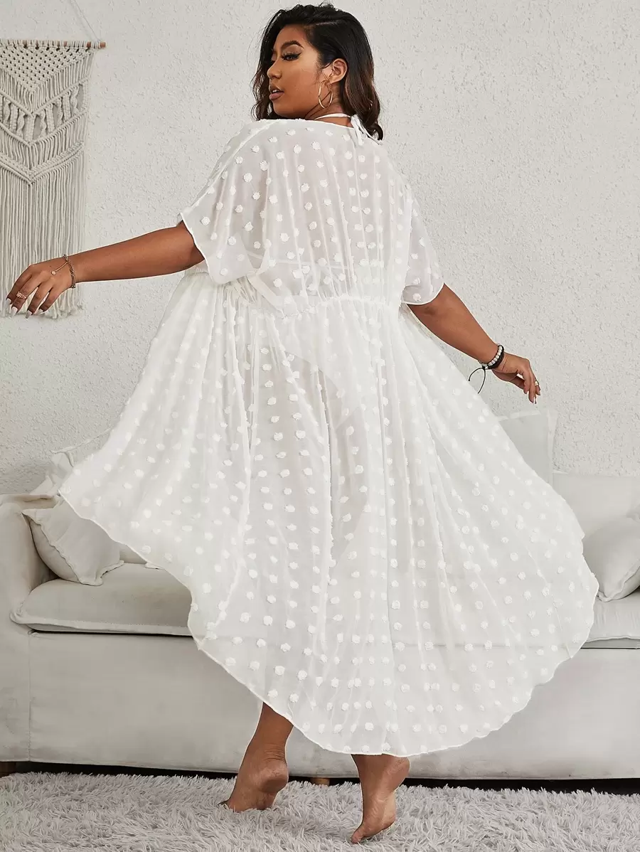 Swim Vcay Summer Beach Plus Swiss Dot Batwing Sleeve Drawstring Waist Kimono - White - View 1