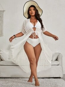 Swim Vcay Summer Beach Plus Swiss Dot Batwing Sleeve Drawstring Waist Kimono - White - View 5