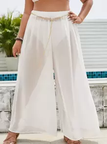 Plus Belted Cover Up Pants Without Bikini - White - View 1