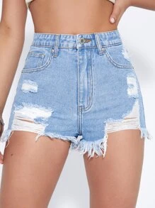 SHEIN EZwear Raw Hem Ripped Denim Shorts - Light Wash - View 1