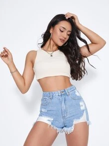 SHEIN EZwear Raw Hem Ripped Denim Shorts - Light Wash - View 4