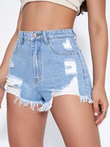 SHEIN EZwear Raw Hem Ripped Denim Shorts - Light Wash - View 5