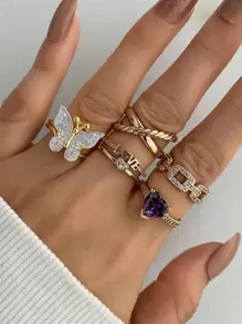 6 piezas Anillo con diseño de mariposa y corazón - Amarillo Oro - Ver 1