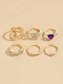 6 piezas Anillo con diseño de mariposa y corazón - Amarillo Oro - Ver 4