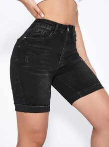 High Waist Roll Up Hem Denim Shorts - Black - View 3