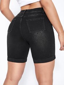 High Waist Roll Up Hem Denim Shorts - Black - View 2