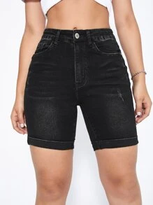 High Waist Roll Up Hem Denim Shorts - Black - View 1