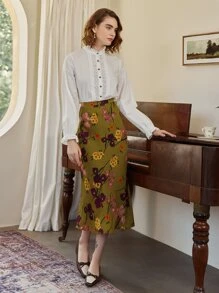 Simple Retro High Waist Floral Print Skirt - Olive Green - View 1