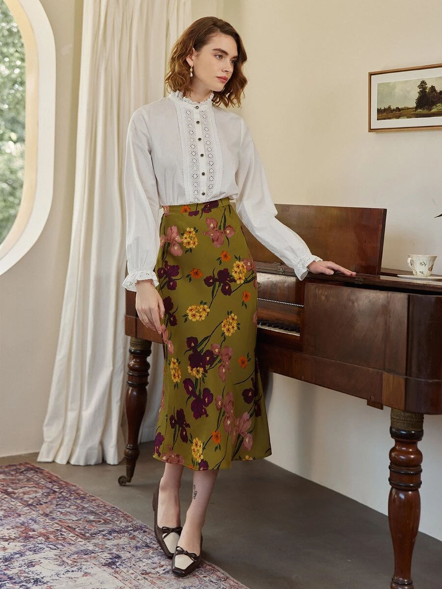 Simple Retro High Waist Floral Print Skirt - Olive Green - View 1