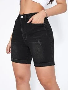 High Waist Roll Up Hem Denim Shorts - Black - View 4
