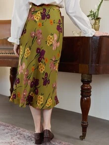 Simple Retro High Waist Floral Print Skirt - Olive Green - View 2