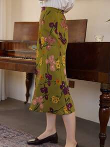 Simple Retro High Waist Floral Print Skirt - Olive Green - View 3