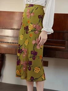 Simple Retro High Waist Floral Print Skirt - Olive Green - View 5