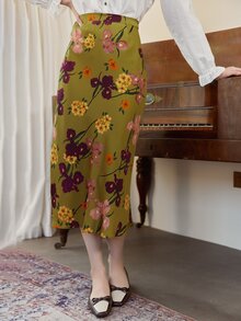 Simple Retro High Waist Floral Print Skirt - Olive Green - View 6