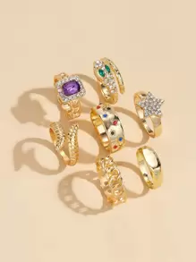 7 chiếc Rhinestone Star & Snake Decor Ring - Vàng - Xem 2