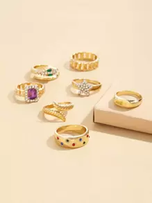 7 chiếc Rhinestone Star & Snake Decor Ring - Vàng - Xem 3