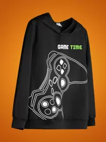 SHEIN 青少年男孩 1 件游戏手柄和字母图案卫衣 - 黑色 - 查看 1
