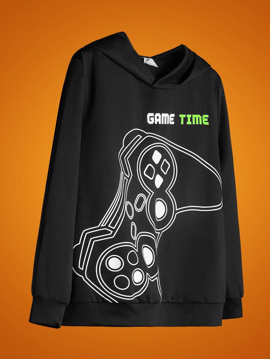 SHEIN 青少年男孩 1 件游戏手柄和字母图案卫衣 - 黑色 - 查看 1