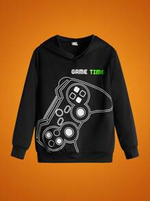 SHEIN 青少年男孩 1 件游戏手柄和字母图案卫衣 - 黑色 - 查看 3