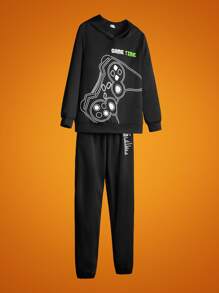 SHEIN 青少年男孩 1 件游戏手柄和字母图案卫衣 - 黑色 - 查看 4