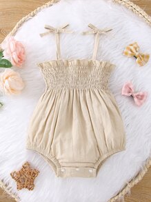 SHEIN Vintaside Kids 寶寶女孩集褶邊修飾蝴蝶結肩帶背心連體服 - 杏色 - 查看 1