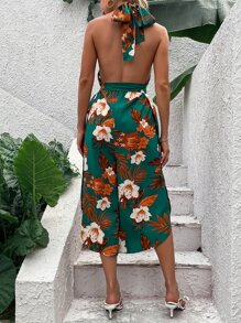 Tropical Print Halter Neck Backless Slit Thigh Belted Jumpsuit - Multicolor - View 2