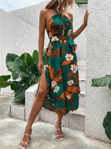 Tropical Print Halter Neck Backless Slit Thigh Belted Jumpsuit - Multicolor - View 3