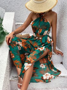 Tropical Print Halter Neck Backless Slit Thigh Belted Jumpsuit - Multicolor - View 5