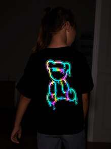 SHEIN Girls Reflective Cartoon Graphic Drop Shoulder Tee & Cargo Shorts - Black - View 1