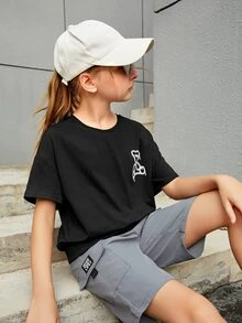 SHEIN Girls Reflective Cartoon Graphic Drop Shoulder Tee & Cargo Shorts - Black - View 2