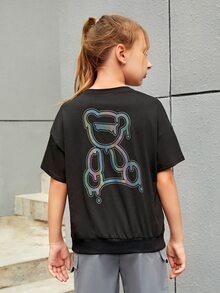 SHEIN Girls Reflective Cartoon Graphic Drop Shoulder Tee & Cargo Shorts - Black - View 3