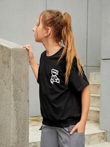 SHEIN Girls Reflective Cartoon Graphic Drop Shoulder Tee & Cargo Shorts - Black - View 4