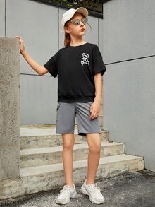 SHEIN Girls Reflective Cartoon Graphic Drop Shoulder Tee & Cargo Shorts - Black - View 5