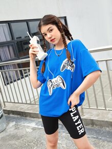 SHEIN Teen Girls Drop Shoulder Game Console Print Tee & Letter Graphic Cycling Shorts - Multicolor - View 1