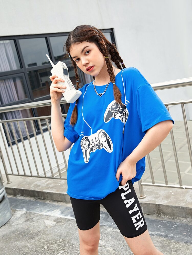 Teen Girls Drop Shoulder Game Console Print Tee & Letter Graphic Biker Shorts