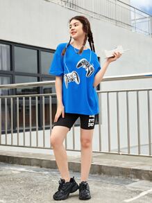 SHEIN Teen Girls Drop Shoulder Game Console Print Tee & Letter Graphic Cycling Shorts - Multicolor - View 3